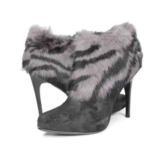 Donald J. Pliner Eli Suede Fur Cuff Ankle Boots Booties Heels Black Grey Stripe - Picture 1 of 14